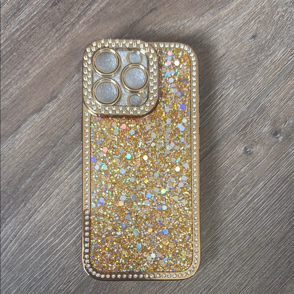 iPhone 16 Pro Luxurious Gold Glitter Case with Rhinestone Border